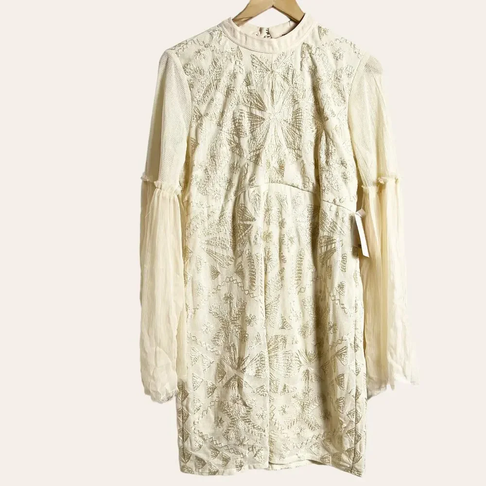 Free People Cleo Cream Embroidered Flare Sleeve Mock Neck Mini Dress 6